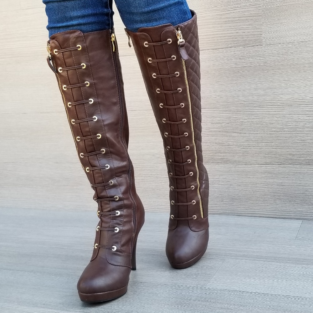 Knee High Heel Boots Brown Vegan Leather and fur - Picture 2 of 8